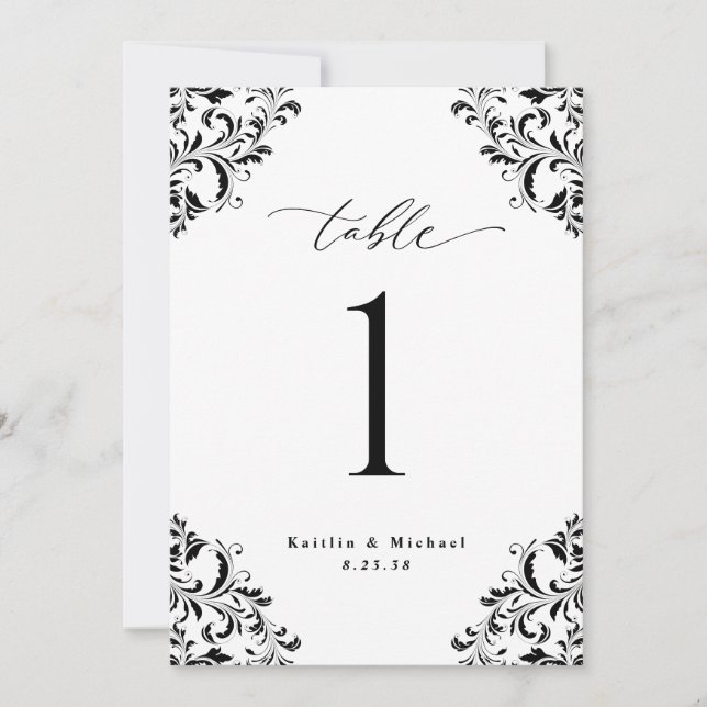 Cartes de Numéro de Table de Mariage Élégantes Noi (Devant)