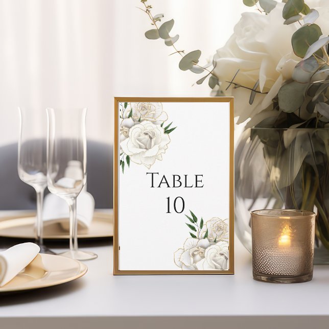 Cartes de numéro de table de mariage élégantes ros (White Roses Gold Trim Floral Flowers Elegant Classic Wedding Table Number Cards)