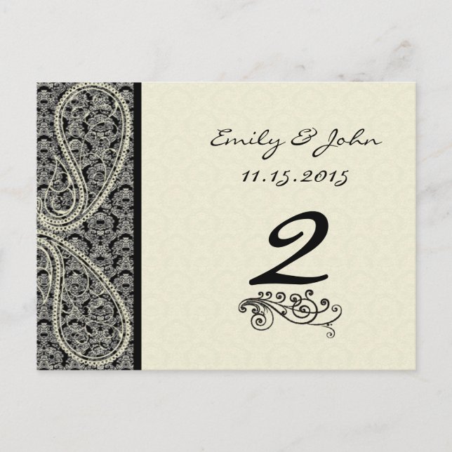 Cartes de numéro de table de mariage en damas noir (Devant)