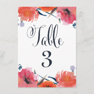 Cartes de numéro de table de mariage floral aquare
