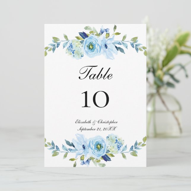 Cartes de numéro de table de mariage floral bleu-v (Debout devant)