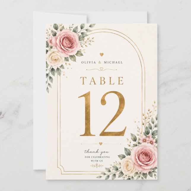 Cartes de Numéro de Table de Mariage Floral Rose | (Devant)