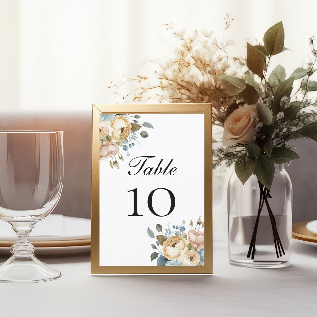 Cartes de numéro de table de mariage florales crèm (Blue Pink and Cream Floral Elegant Watercolor Wedding Table number cards)