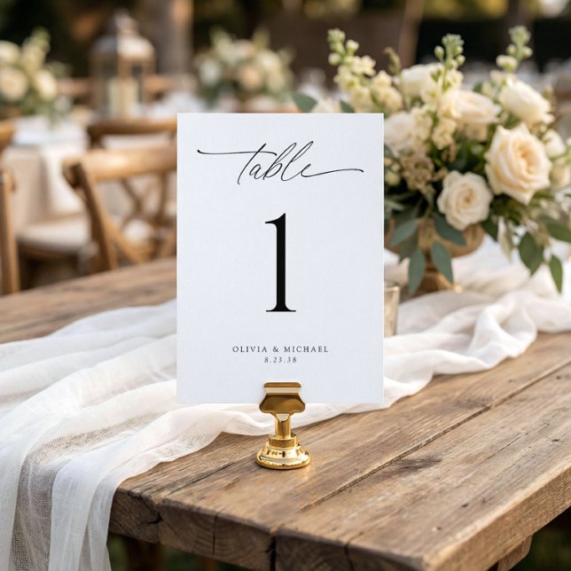 Cartes de numéro de table de mariage modernes noir (modern wedding table number 5x7 minimalist elegant handwriting script reception table decor)