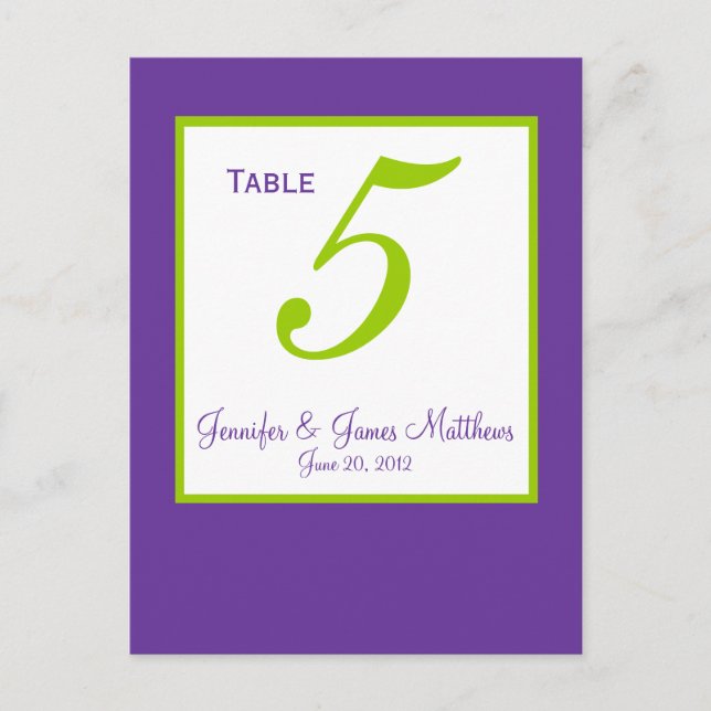 Cartes de numéro de table de Mariage vert pourpre (Devant)