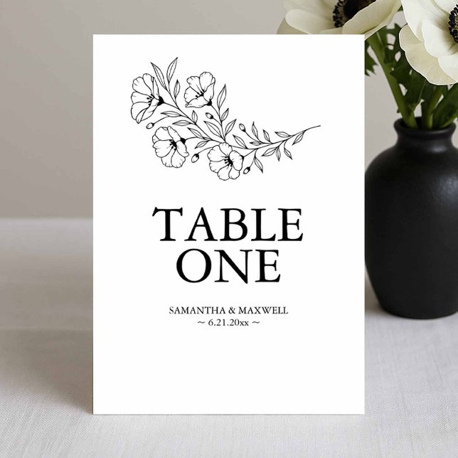 Cartes de numéro de table de Mariages noir et blan (Black and white wedding table cards modern elegant floral line art by Victoria of Do Tell A Belle)