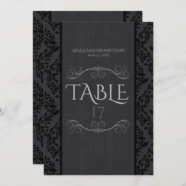 Cartes de numéro de table en damas noir et gris (Devant / Derrière)