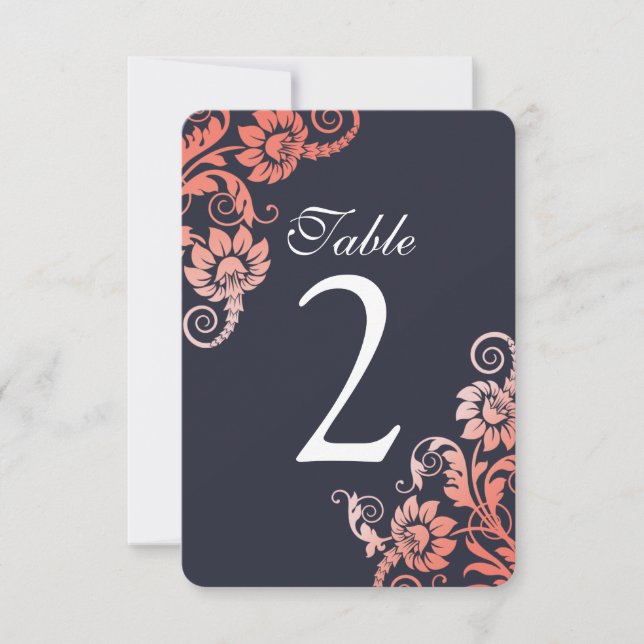 Cartes de Numéro de Table Ombre Corail et Bleu (Devant)