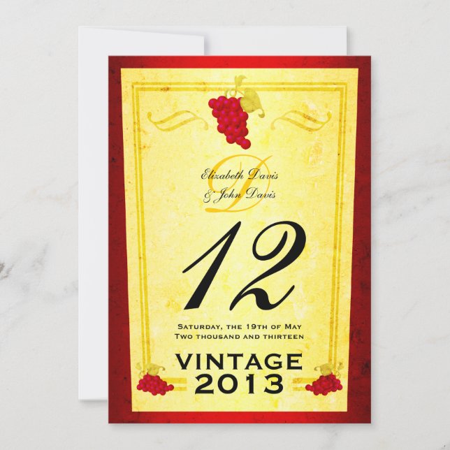 Cartes de numéro de table vin rouge vintage (Devant)
