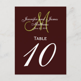 Cartes de numéro de tableau Brown Green Monogram M