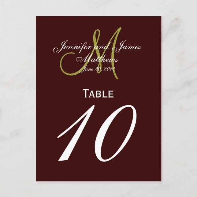 Cartes de numéro de tableau Brown Green Monogram M (Devant)