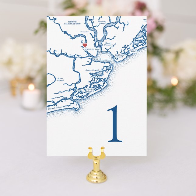 Cartes de numéros de table de mariage avec carte d (Charleston South Carolina Wedding Table Number in elegant navy blue from Coastal Map Designs)