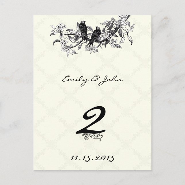 Cartes de numéros de table de mariage oiseaux vint (Devant)