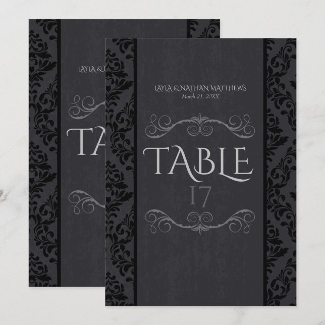 Cartes de numéros de table en damassé noir et gris (Devant / Derrière)