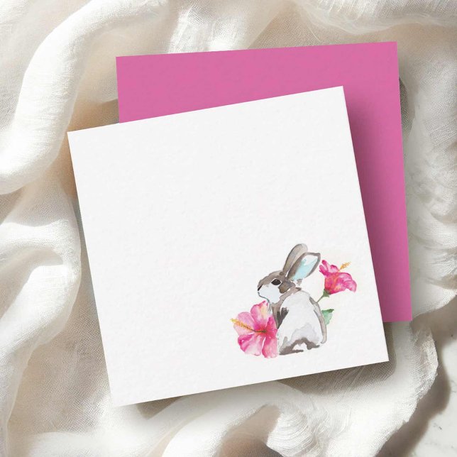 Cartes de Pâques Mignon Lapin Aquarelle (Watercolor bunny notecards with pink hibiscus flower art by Victoria Grigaliunas of Do Tell A Belle)