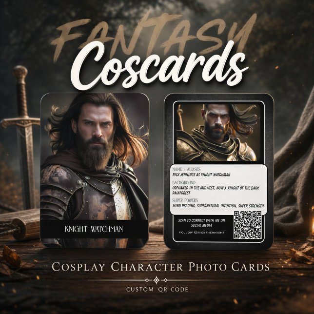 Cartes de personnage de cosplay Fortitude avec cod (Bring your cosplay character to life with custom coscards featuring your image, text, and a qr code)