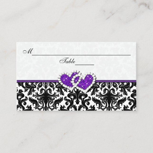 Cartes de place Black, White, Purple Damask Hearts (Devant)