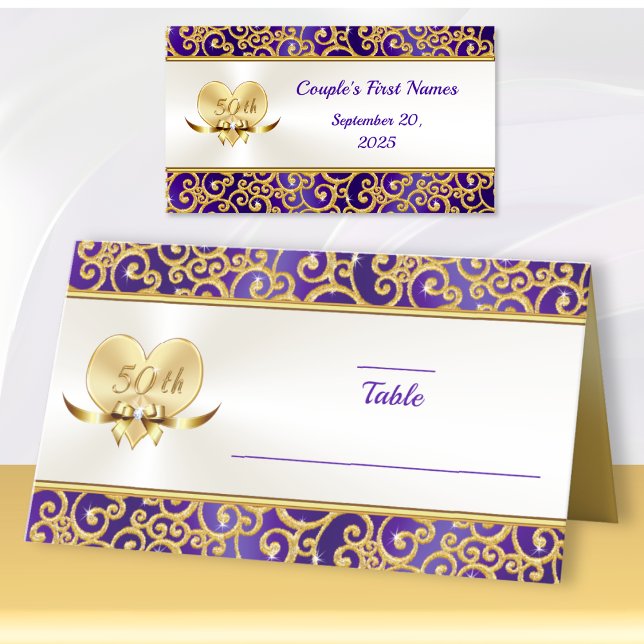 Cartes de place du 50e anniversaire du Mariage, (Purple and Gold theme. 50th wedding anniversary place cards. Golden anniversary place cards. )