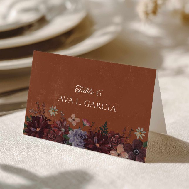 Cartes de Place Florales en Terracotta Rustique (Moody Rustic Terracotta Floral Place Card)