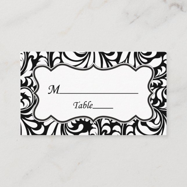 Cartes de Place Mariage damassé Blanc Noir Élégant (Devant)