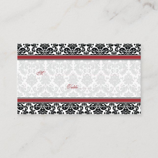 Cartes de Place Mariage damassé Rouge, Noir, Blanc (Devant)
