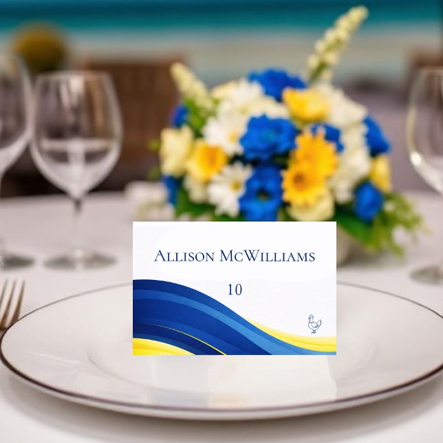 Cartes de placement de mariage bleu et jaune avec  (Blue and Yellow Wedding Place Cards Chicken Icon)