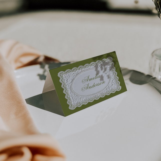 Cartes de placement de mariage en dentelle vert ol (Créateur téléchargé)