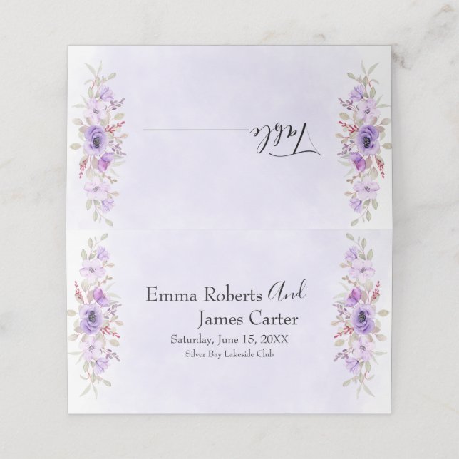 Cartes de placement de mariage florales violettes  (Extérieur déplié)