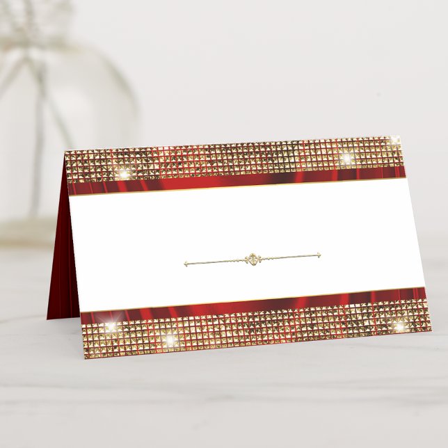 Cartes de placement de table élégantes rouge or (You simply add the name above the divider and the table number below. You can  remove the divider.)