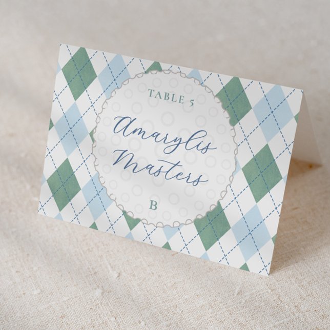 Cartes de placement individuelles sur le thème de  (Preppy blue and green argyle print golf ball baby shower or birthday personalized place cards )