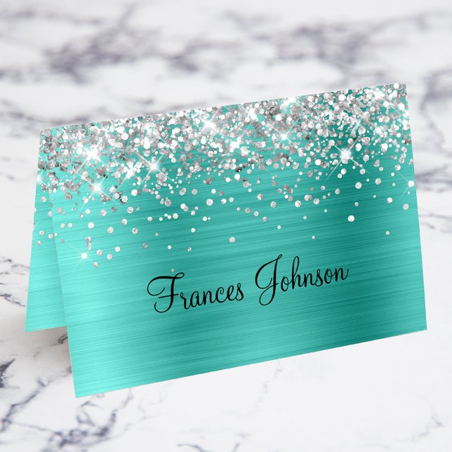 Cartes de placement individuelles turquoise avec p (Silver Glitter Turquoise Individual Place Cards)