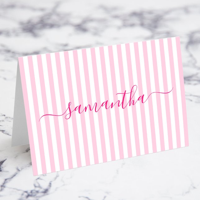 Cartes de placement Signature rayures rose clair e (Light Pink and White Stripes Signature Individual Name Place Cards)