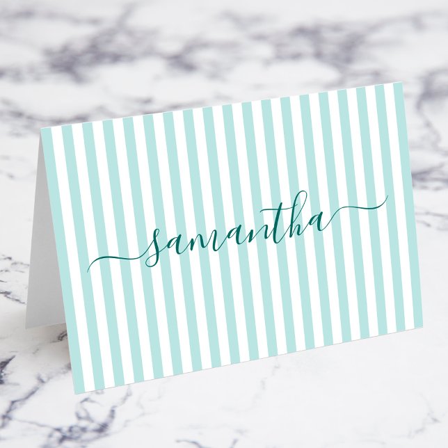 Cartes de placement Signature rayures sarcelle cla (Light Teal and White Stripes Individual Name Signature Place Cards)