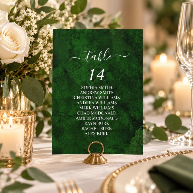 Cartes de plan de table à calligraphie argentée et (Dark green marble "Table 14" seating card with guest names, silver script lettering)