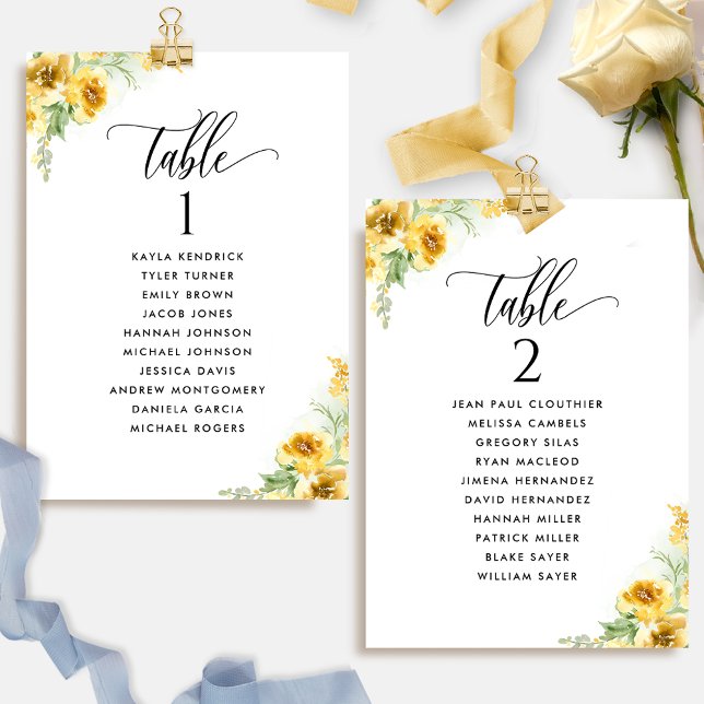 Cartes de plan de table à fleurs jaunes avec noms  (Créateur téléchargé)