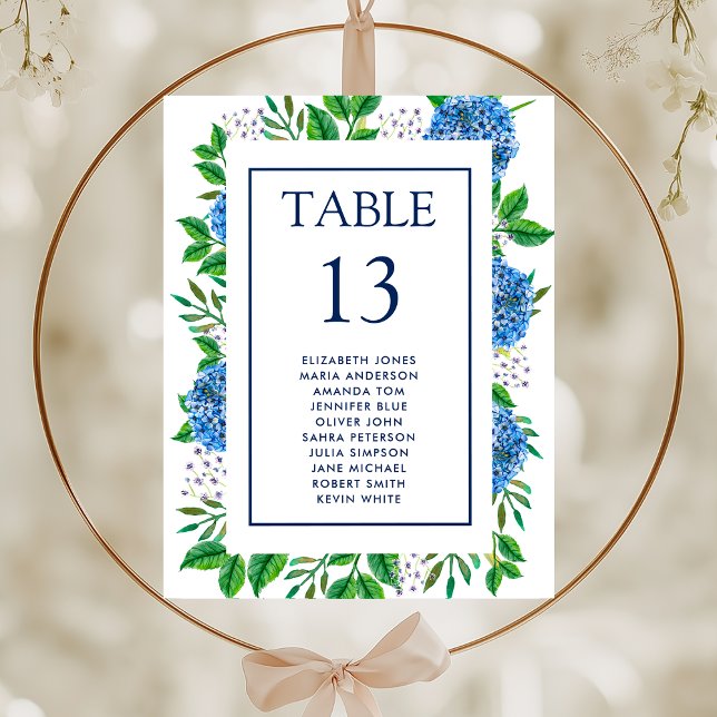 Cartes de plan de table aux hortensias bleus pour  (Créateur téléchargé)