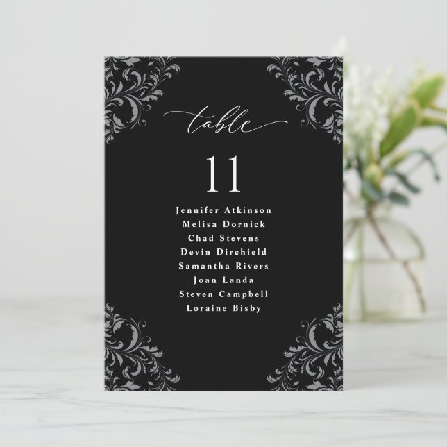Cartes de plan de table de mariage élégantes noir  (Debout devant)