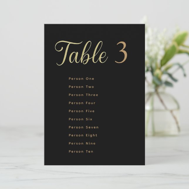 Cartes de Plan de Table de Mariage | Or sur Noir (Debout devant)