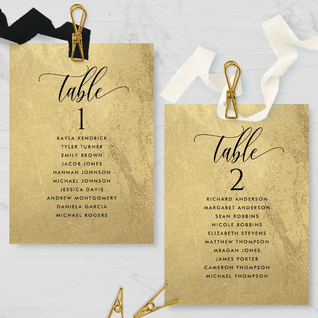 Cartes de plan de table dorées et noires avec noms (Créateur téléchargé)