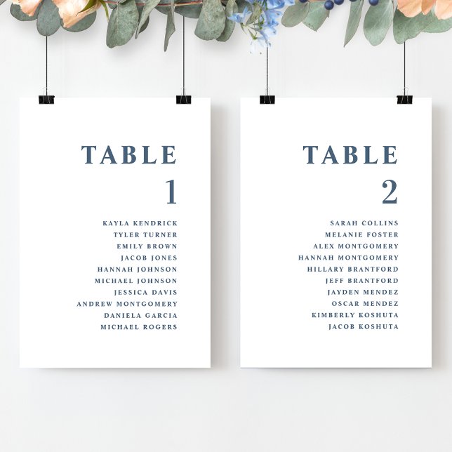 Cartes de plan de table minimales bleues avec noms (Créateur téléchargé)