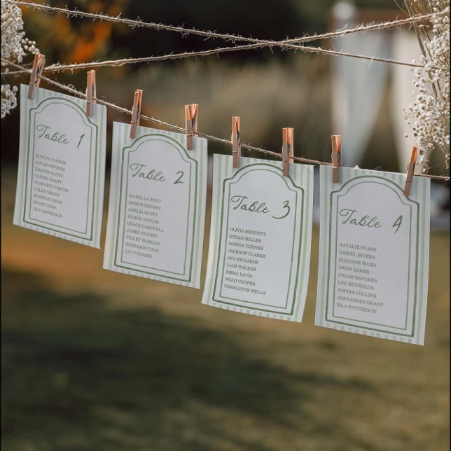 Cartes de plan de table rayées pour mariage vert (Créateur téléchargé)
