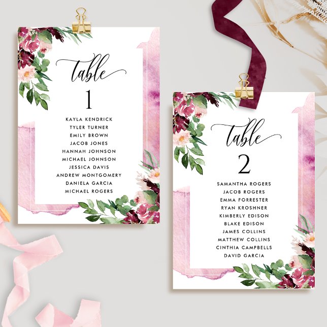 Cartes de plan de table rose Bourgogne avec noms d (Créateur téléchargé)