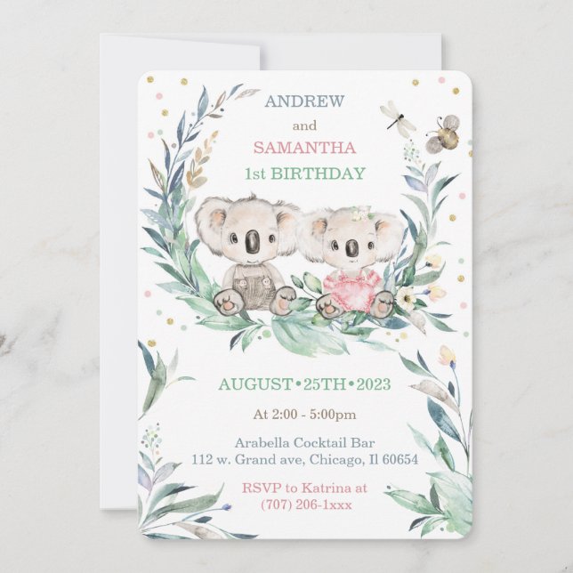 Cartes de premier anniversaire d'ours pour jumeaux (Devant)