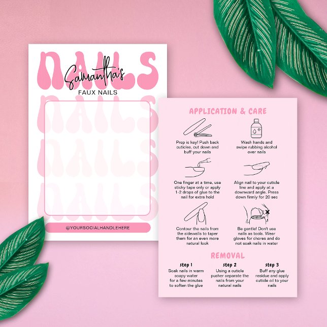 Cartes de présentation pour guide de soins des ong (Trendy faux nails display cards with care & application guide on the back)