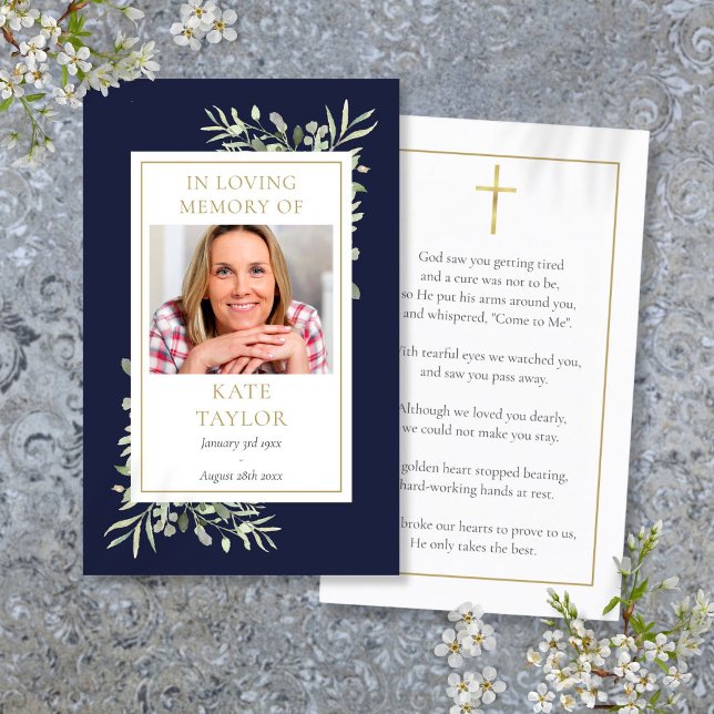 Cartes de prière commémoratives de funérailles ave (Greenery Photo Funeral Memorial Prayer Cards)
