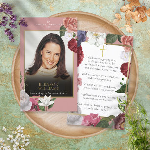 Cartes de prière photo florales roses de mémorial