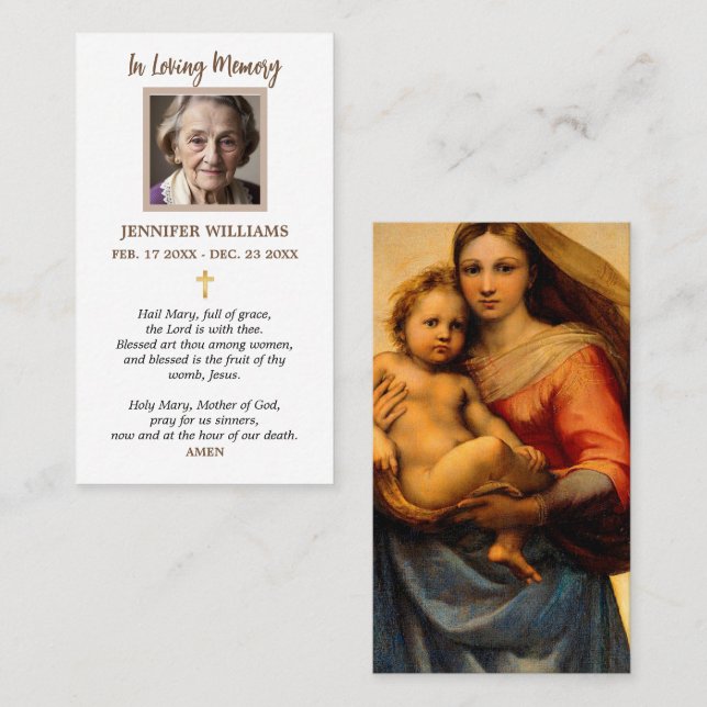 Cartes de prière religieuses Sistine Madonna Rapha (Devant / Derrière)