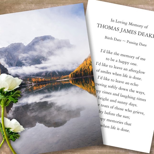 Cartes de prières pour funérailles Moody Jour d'au (misty lake, celebration of life, in loving memory of, prayer cards for bereavement)