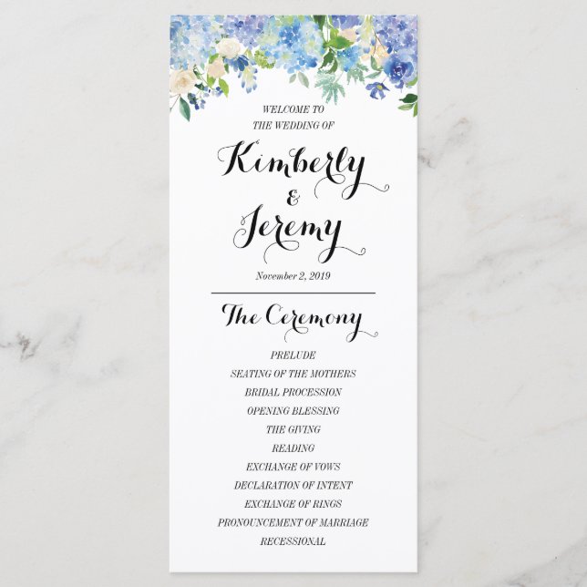 Cartes de programme de mariage aux hortensias bleu (Devant)