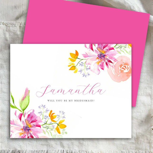 Cartes de proposition de domestique personnalisées (Bridesmaid proposal cards watercolor pink flowers art by Victoria Grigaliunas of Do Tell A Belle)